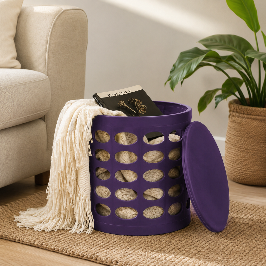 Otto Storage Stool | Round Plastic Storage Ottoman with Oval Perforated Pattern