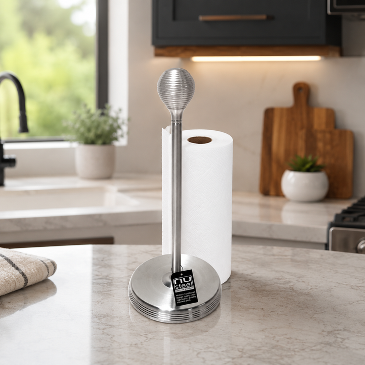 Stand Up Paper Towel Holder  | Kitchen Paper Towel Dispenser with Weighted Base for Standard Paper Towel Rolls | Pewter Finish