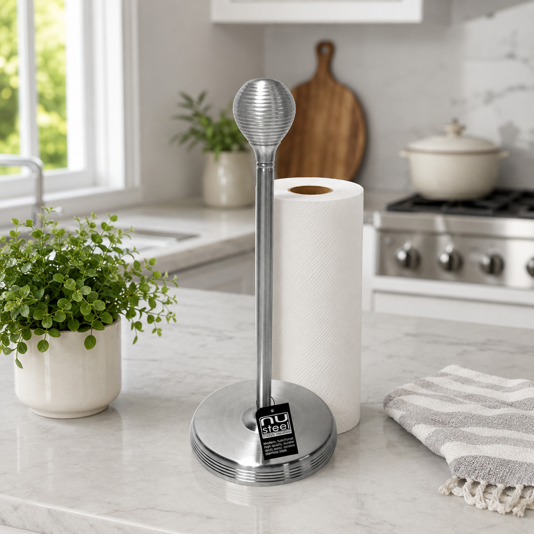 Stand Up Paper Towel Holder  | Kitchen Paper Towel Dispenser with Weighted Base for Standard Paper Towel Rolls | Pewter Finish