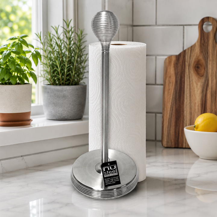 Stand Up Paper Towel Holder  | Kitchen Paper Towel Dispenser with Weighted Base for Standard Paper Towel Rolls | Pewter Finish