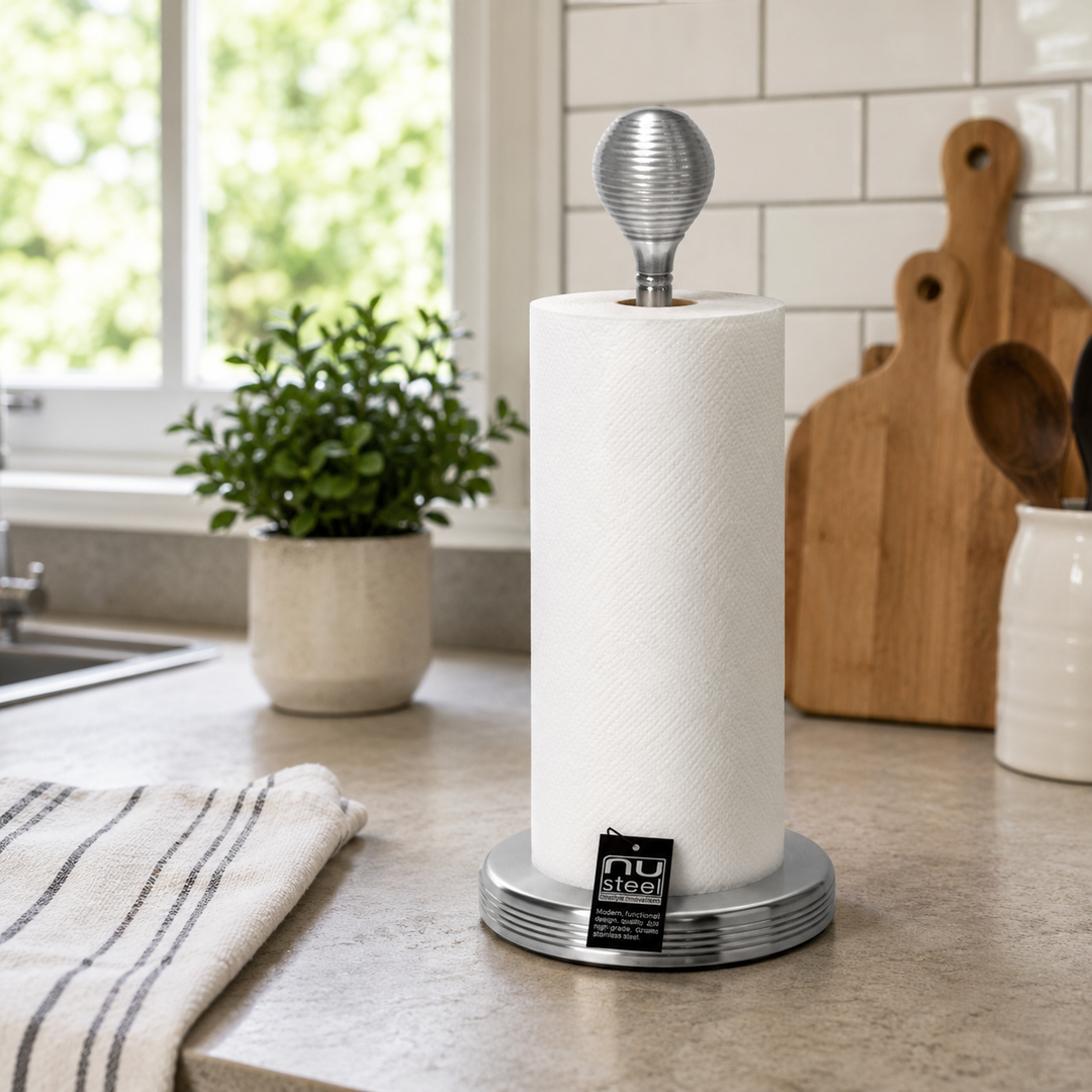 Stand Up Paper Towel Holder  | Kitchen Paper Towel Dispenser with Weighted Base for Standard Paper Towel Rolls | Pewter Finish
