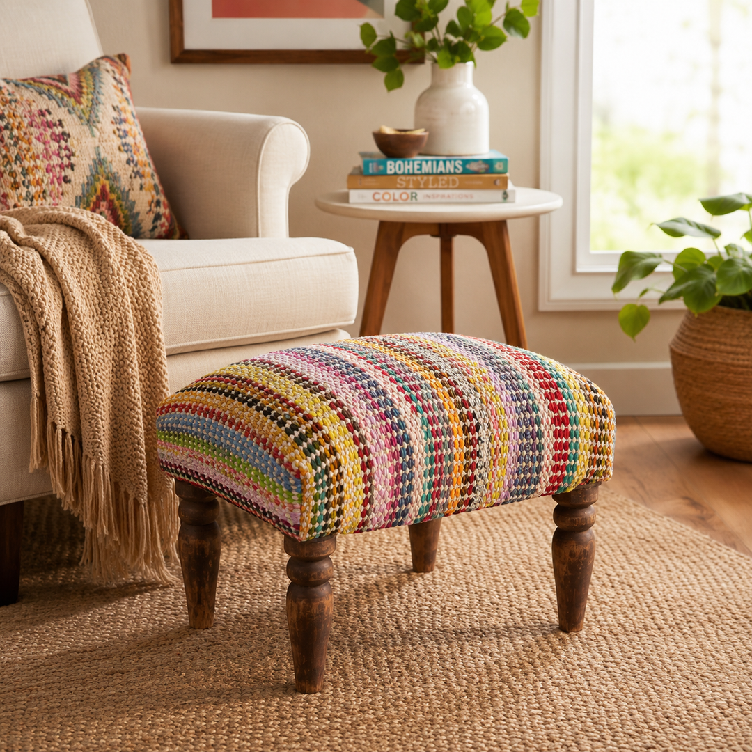 Handwoven Accent Footstool | 20.5x15.5x15 | Cotton Fabric