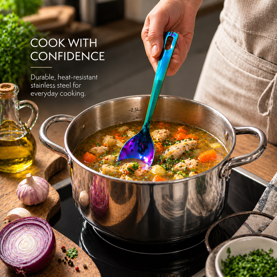 Crown Solid Spoon | 1.8 mm Stainless Steel | Rainbow Blue Finish Kitchen Utensil