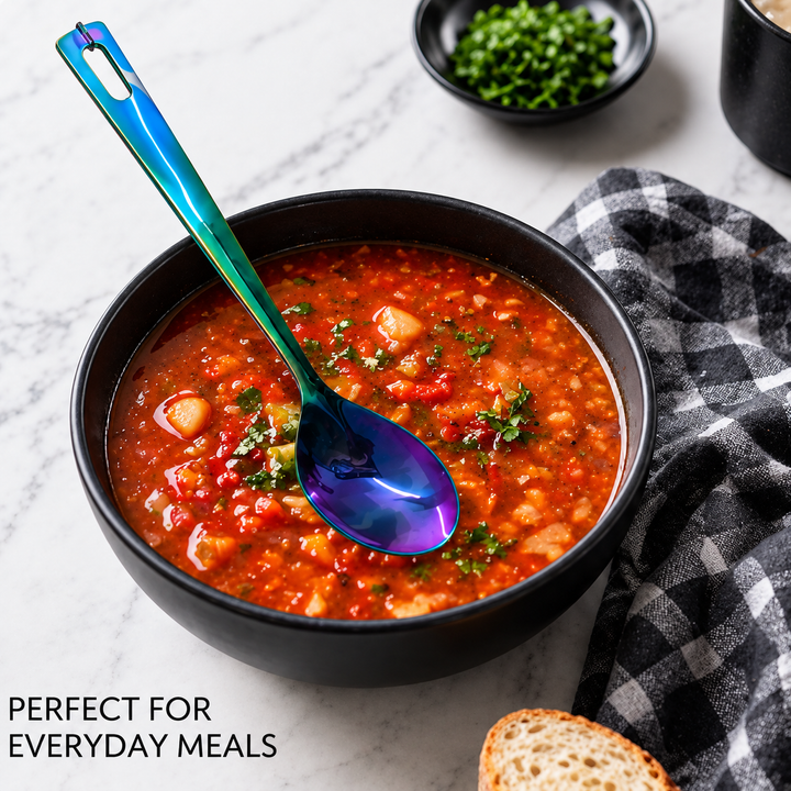 Crown Solid Spoon | 1.8 mm Stainless Steel | Rainbow Blue Finish Kitchen Utensil