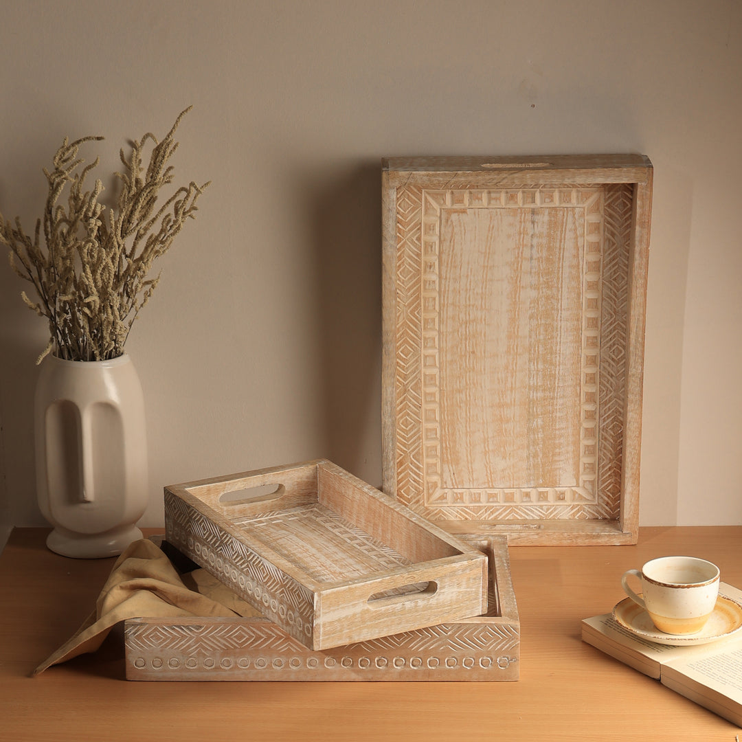 Wooden Tray (Nested) / Set Of 3 Pcs / Distress White - Mango Wood / (Available Sizes 18'' 16'' 14'') / Moq - 1 Set