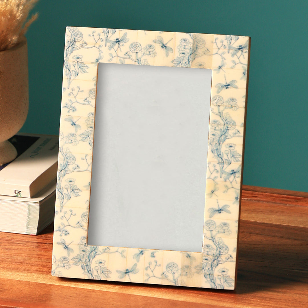 Ivory Bone Picture Frame  Picture Size:4 X 6/1" Light Blue Print