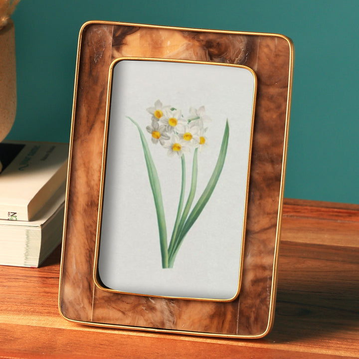 Marbled Brown Resin Frame With Inside/ Outside Antique Brass Border Picture Size - 4X6/0.75"