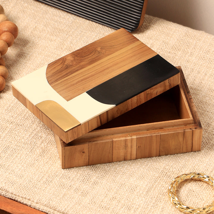 Abstract Inlaid Box In Teak Wood With Bl Ack & Ivory Resin With Brass Sheet Size - 4X6X2 Lid Cut: 0.5"