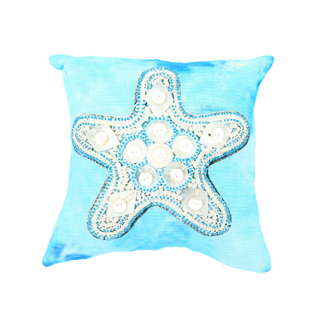 Print & Beadwork Starfish Pillow-Blue & Ivory 18"x18"