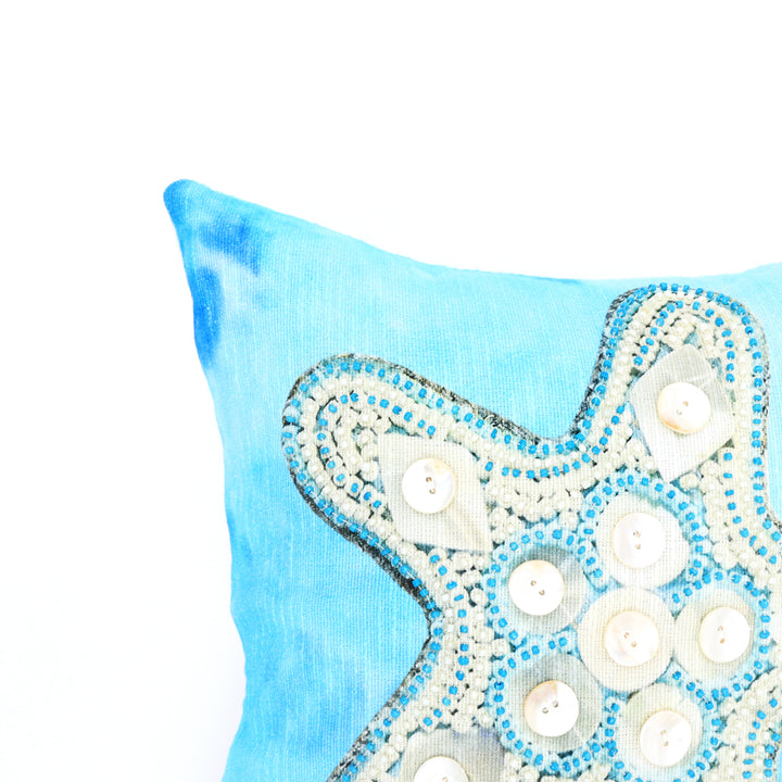 Print & Beadwork Starfish Pillow-Blue & Ivory 18"x18"