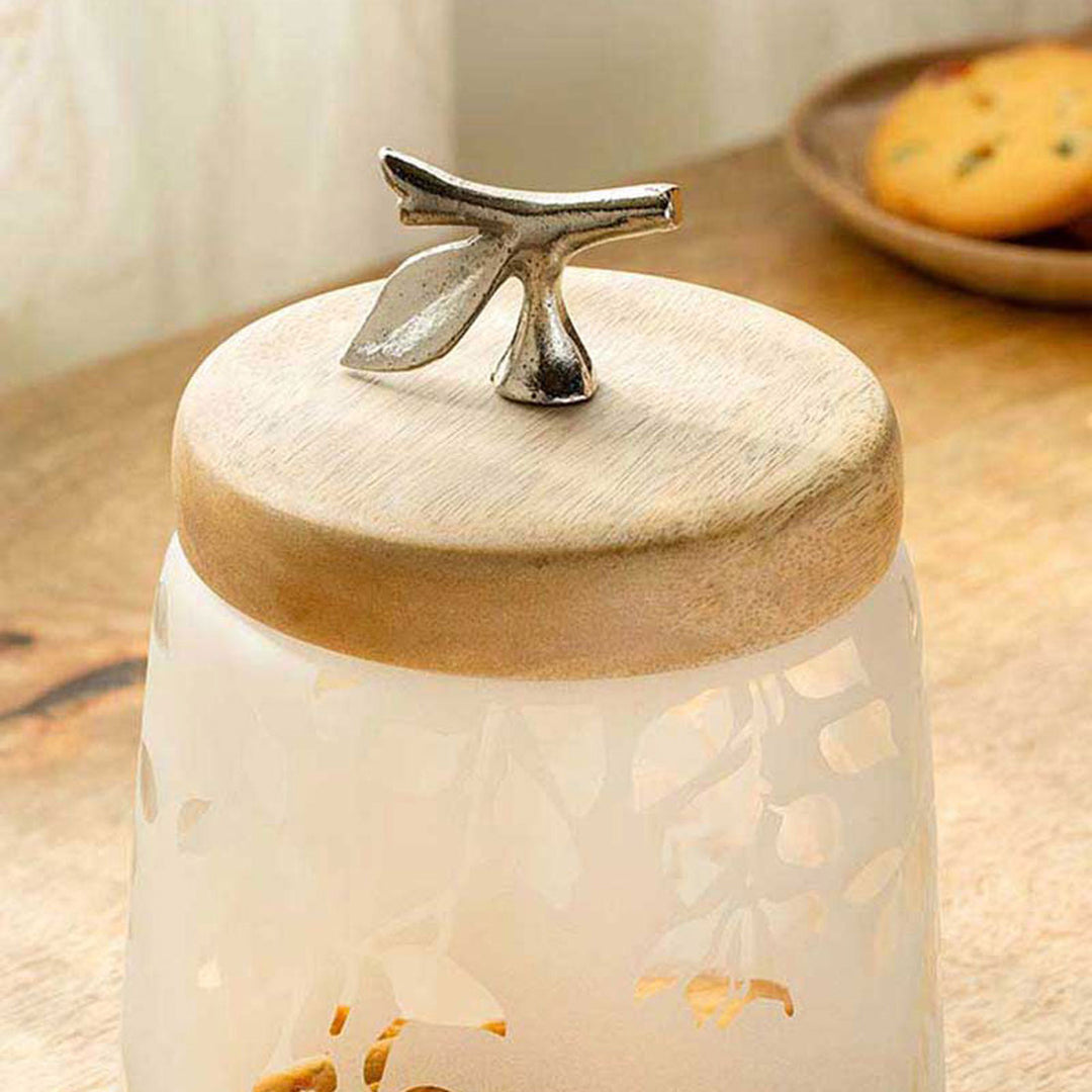 Twigy Frosted Glass Jar With Wooden Lid (Small) White / 500 Gm / Moq - 4 Pcs