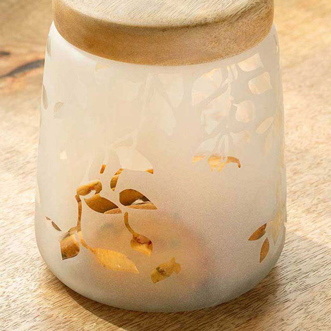 Twigy Frosted Glass Jar With Wooden Lid (Small) White / 500 Gm / Moq - 4 Pcs