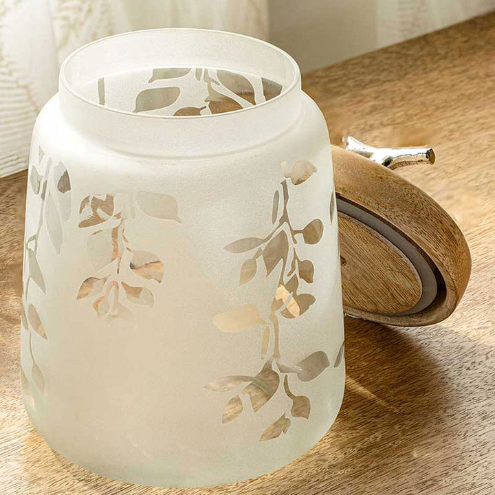 Twigy Frosted Glass Jar With Wooden Lid (Small) White / 500 Gm / Moq - 4 Pcs