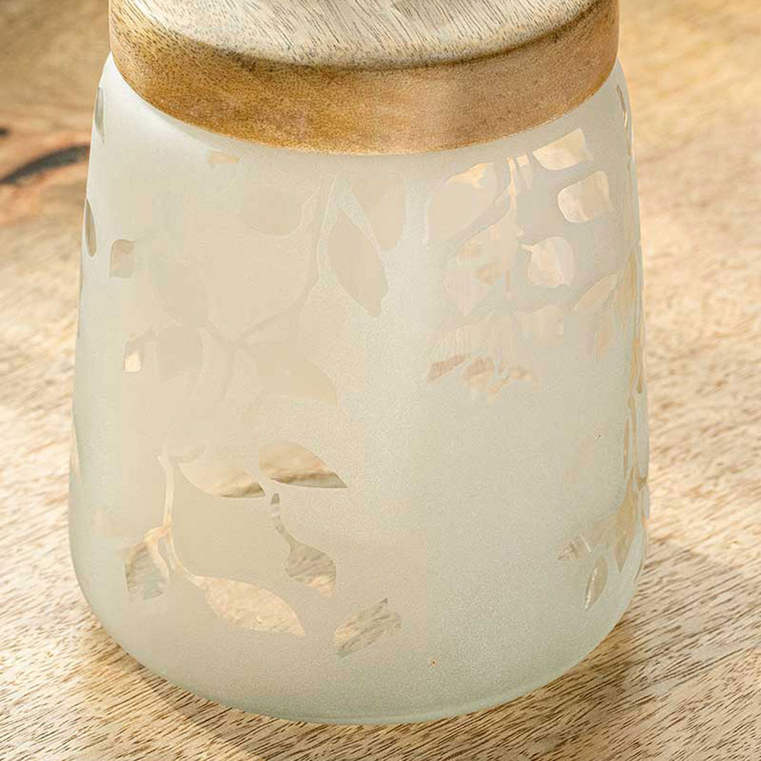 Twigy Frosted Glass Jar With Wooden Lid (Small) White / 500 Gm / Moq - 4 Pcs