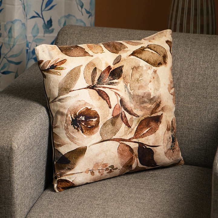 100% Cotton Velvet Printed Cushion Beige And Brown