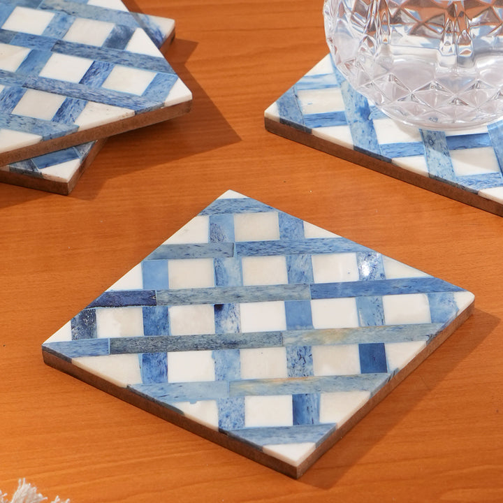 Cross Inlay Bone Coaster (Set Of 4) White/Blue Size:4"X4"