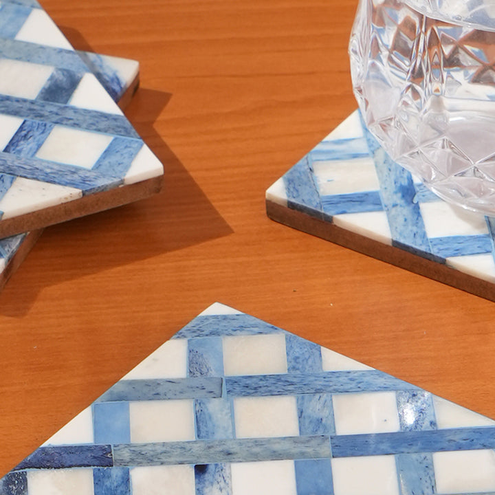 Cross Inlay Bone Coaster (Set Of 4) White/Blue Size:4"X4"