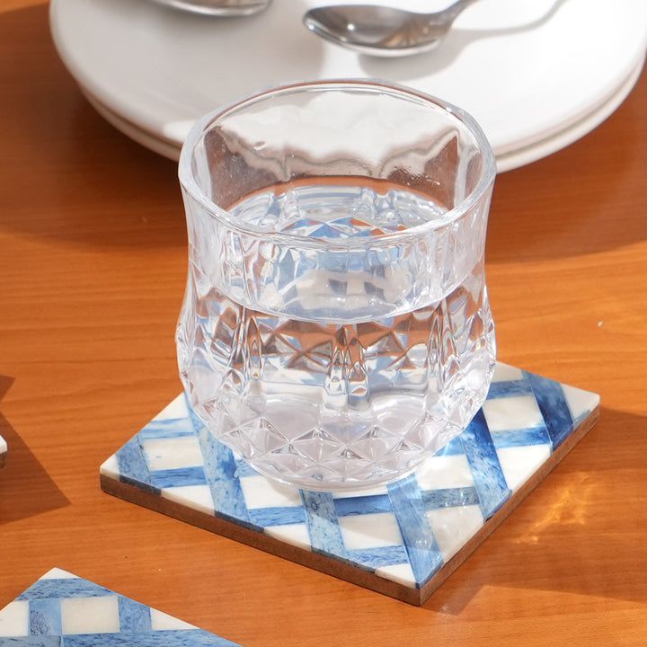 Cross Inlay Bone Coaster (Set Of 4) White/Blue Size:4"X4"