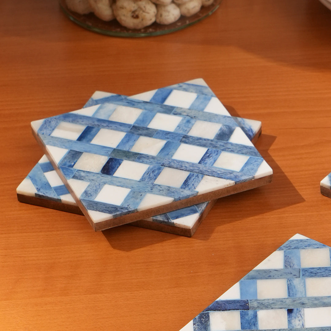 Cross Inlay Bone Coaster (Set Of 4) White/Blue Size:4"X4"