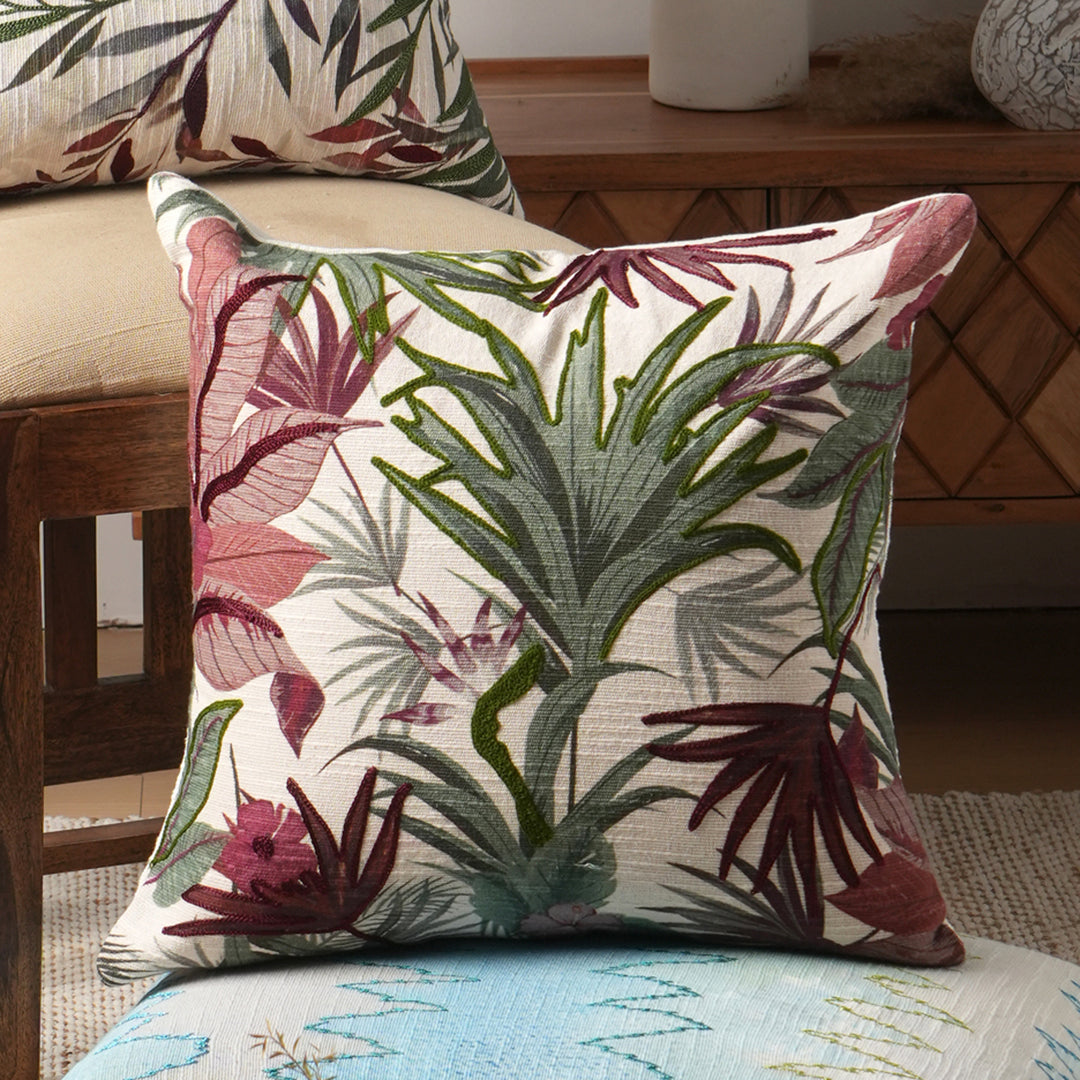 Leafscape Printed & Embroidered Pillow 18"X18"(With Filler)