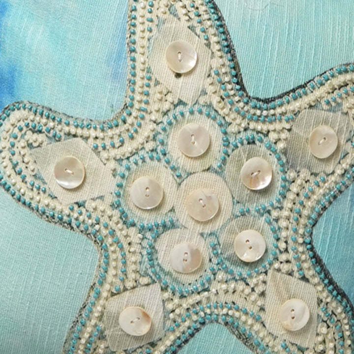 Print & Beadwork Starfish Pillow-Blue & Ivory 18"x18"