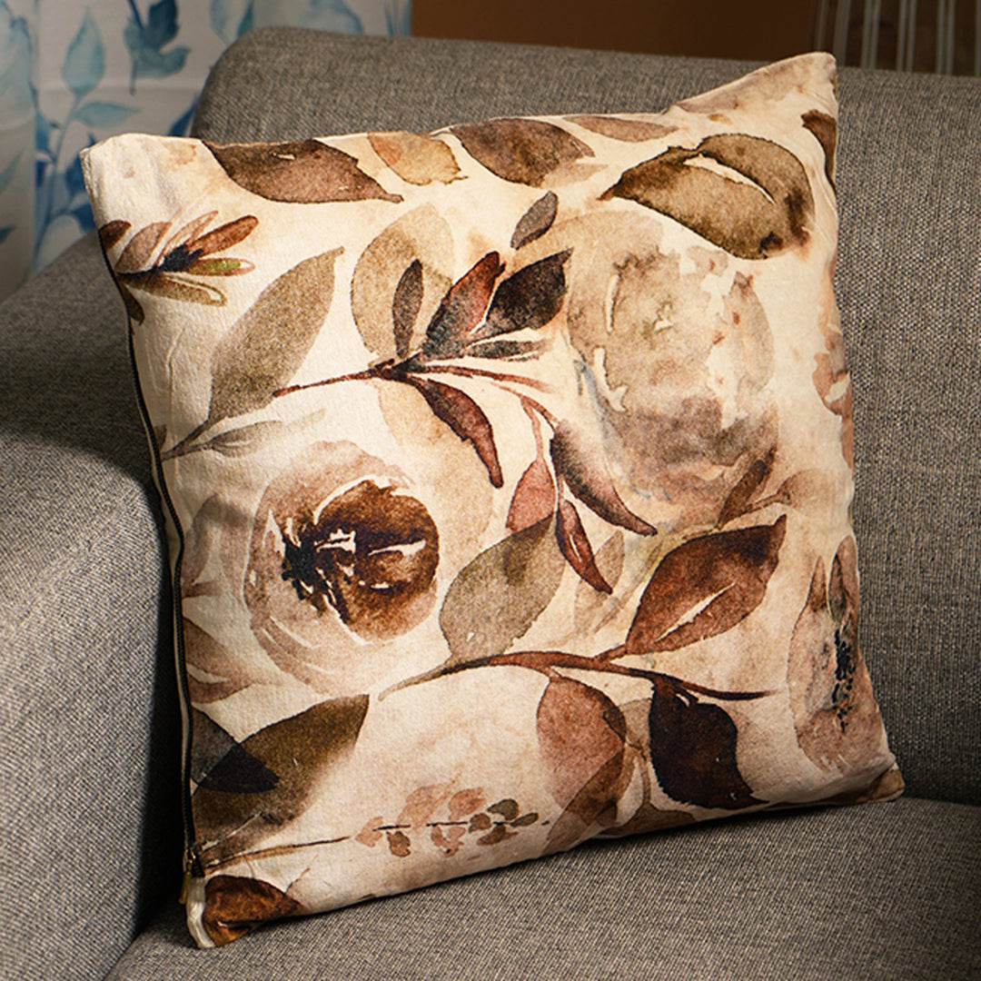 100% Cotton Velvet Printed Cushion Beige And Brown