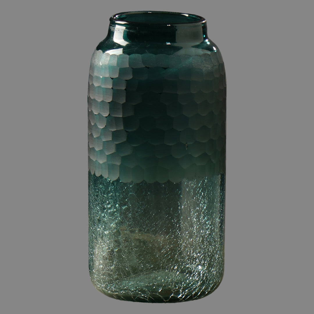 Blue Etched Half Crackle Glass Vase