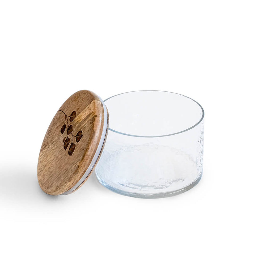 Leafy Twig Glass Jar With Wooden Lid / Transparent / Capacity 700 Ml / Moq - 4 Pcs