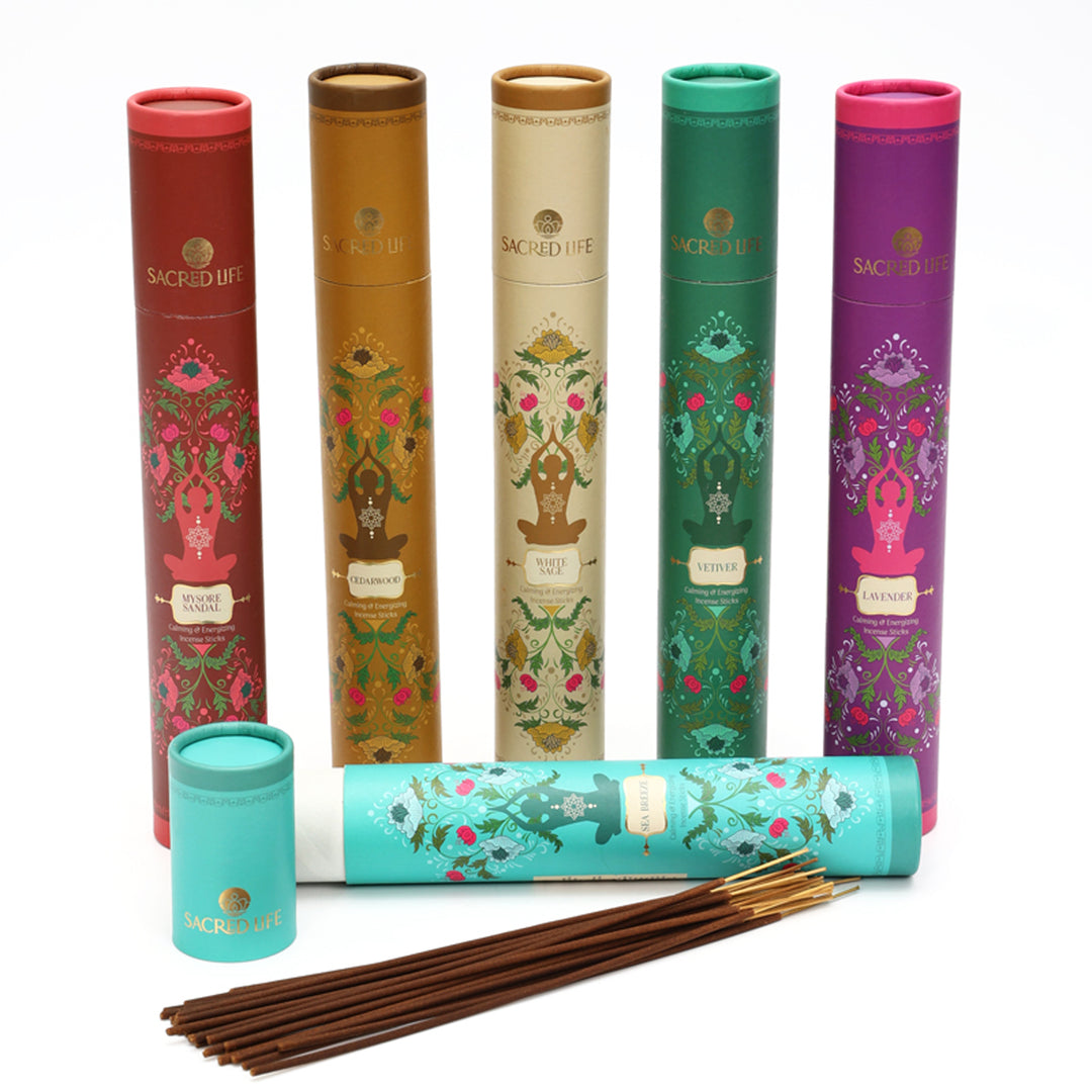 Sacred Life Yoga Incense Sticks - Pack Of 6 Variant: Cedarwood 

White Sage 

Vetiver 

Sea Breeze 

Lavender 

Mysore Sandal