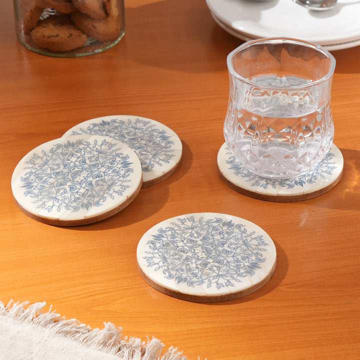 Ivory Bone Coaster (Set of 4) With Blue Print:Dia 4"