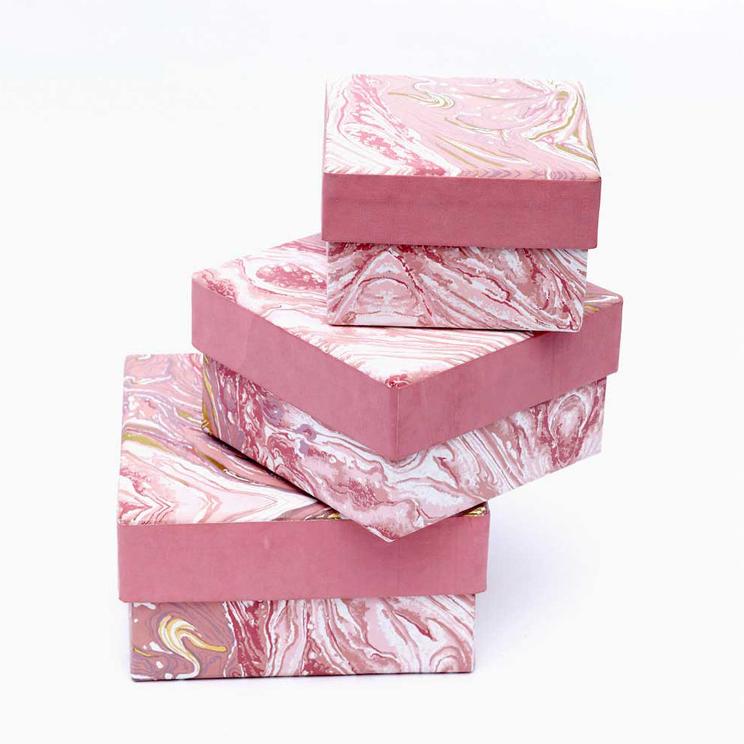 Square Box / Set Of 3 Pcs / Pink - Recycled Cotton Paper / 6.5 X 6.5 X 3.5 Inches (L X W X H) / Moq - 2 Sets