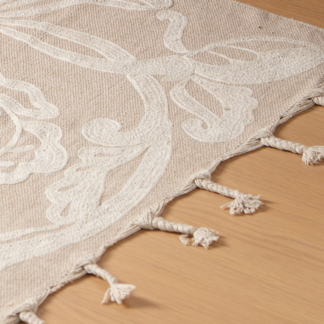 Cotton Embroidered Rug With Braided Tassels