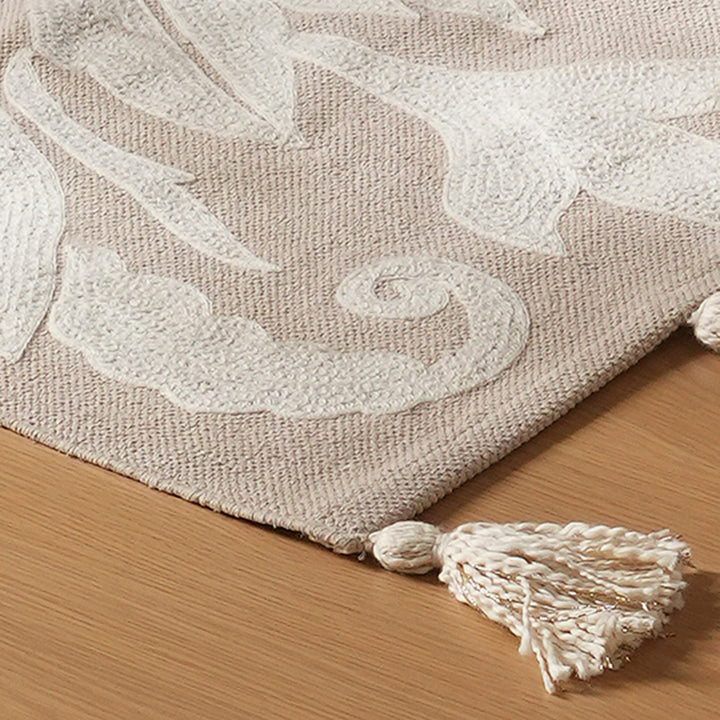 Cotton Embroidered Rug With Open Tassels