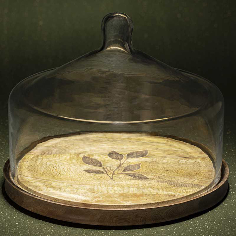 Leaf Glass Cloche With Wooden Base / Transparent / 10.5 X 10.5 X 8.25 Inches (L X W X H) / Moq - 2 Pcs