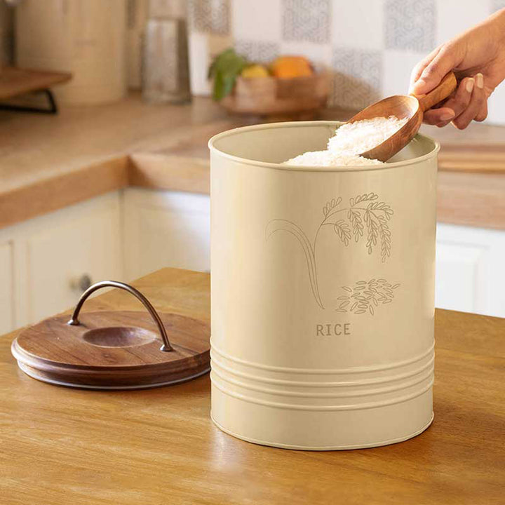 Rice Storage Barrel With Wooden Lid / Eggshell / Capacity - 11 Lbs / Moq - 2 Pcs