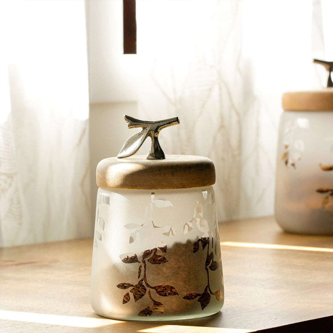 Twigy Frosted Glass Jar With Wooden Lid (Tall)/ White / 5 X 5 X 7.5 Inches (L X W X H) / Moq - 4 Pcs