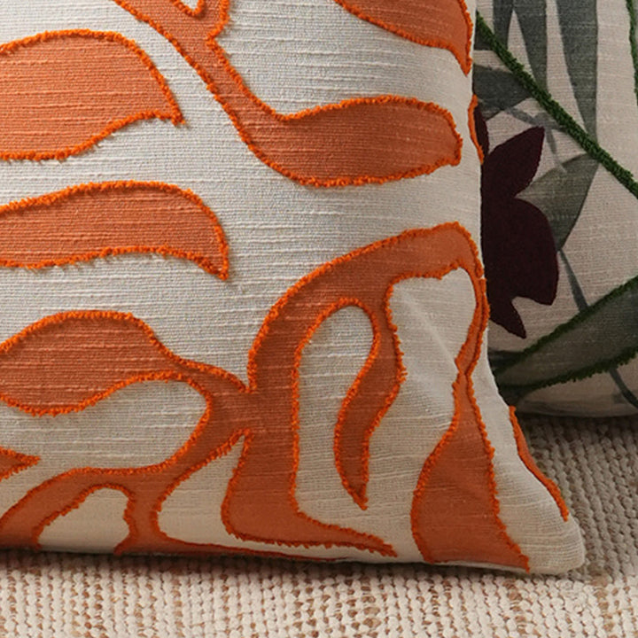 Retro Botanic Printed & Embroidered Pillow (Orange & Ivory)