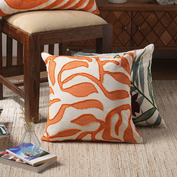 Retro Botanic Printed & Embroidered Pillow (Orange & Ivory)