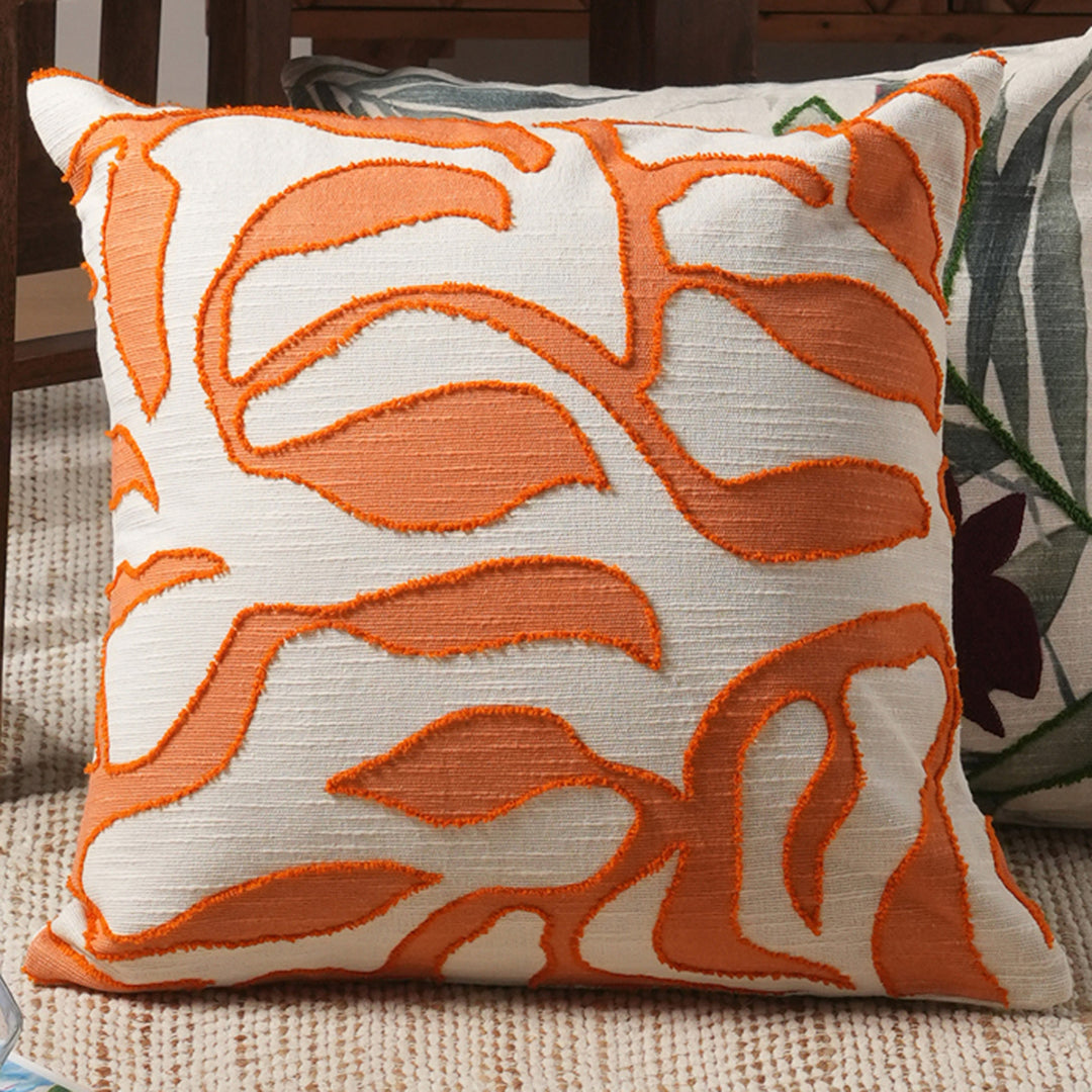 Retro Botanic Printed & Embroidered Pillow (Orange & Ivory)