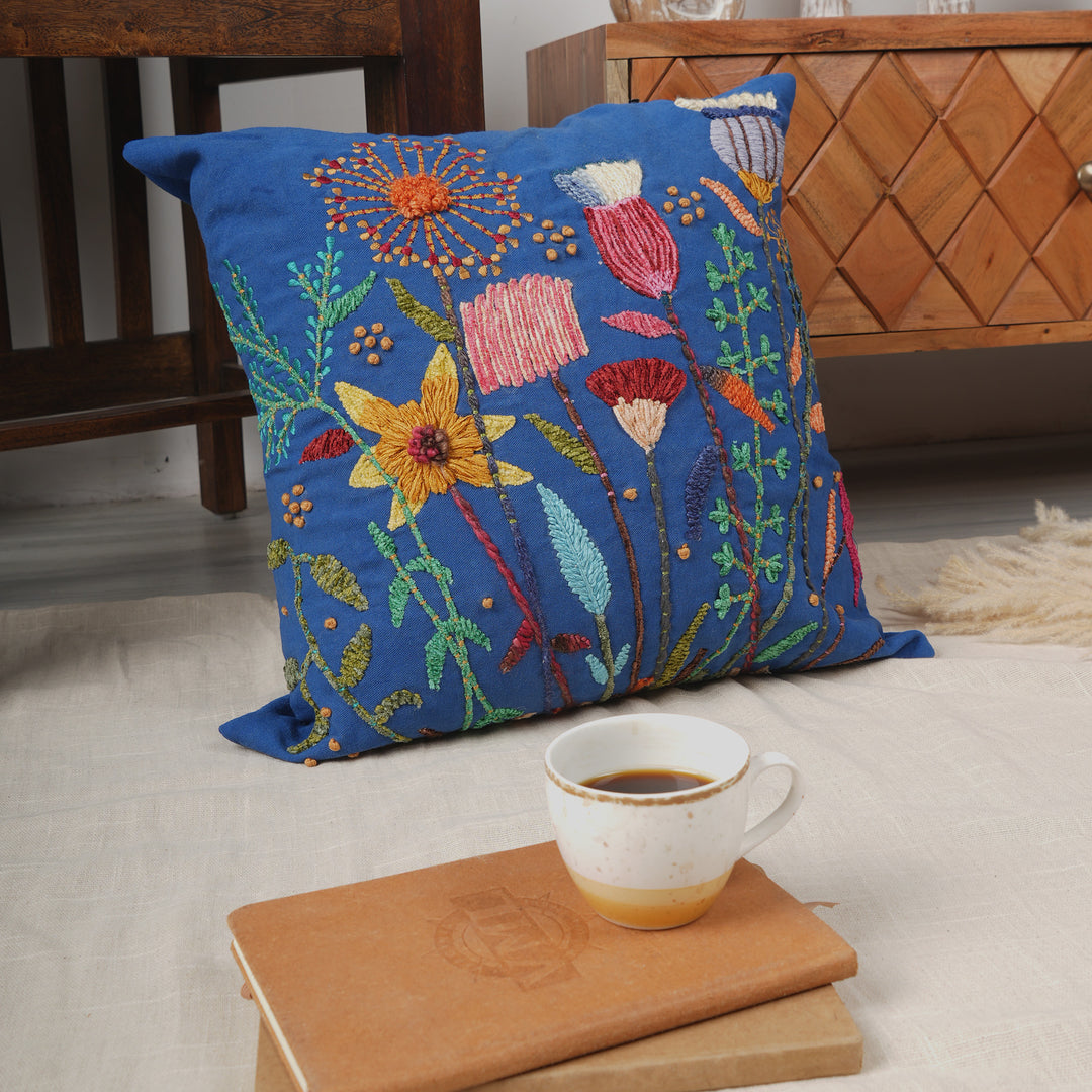 Cotton Embroidered Cushion-Ink Blue