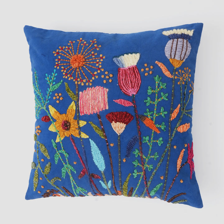 Cotton Embroidered Cushion-Ink Blue