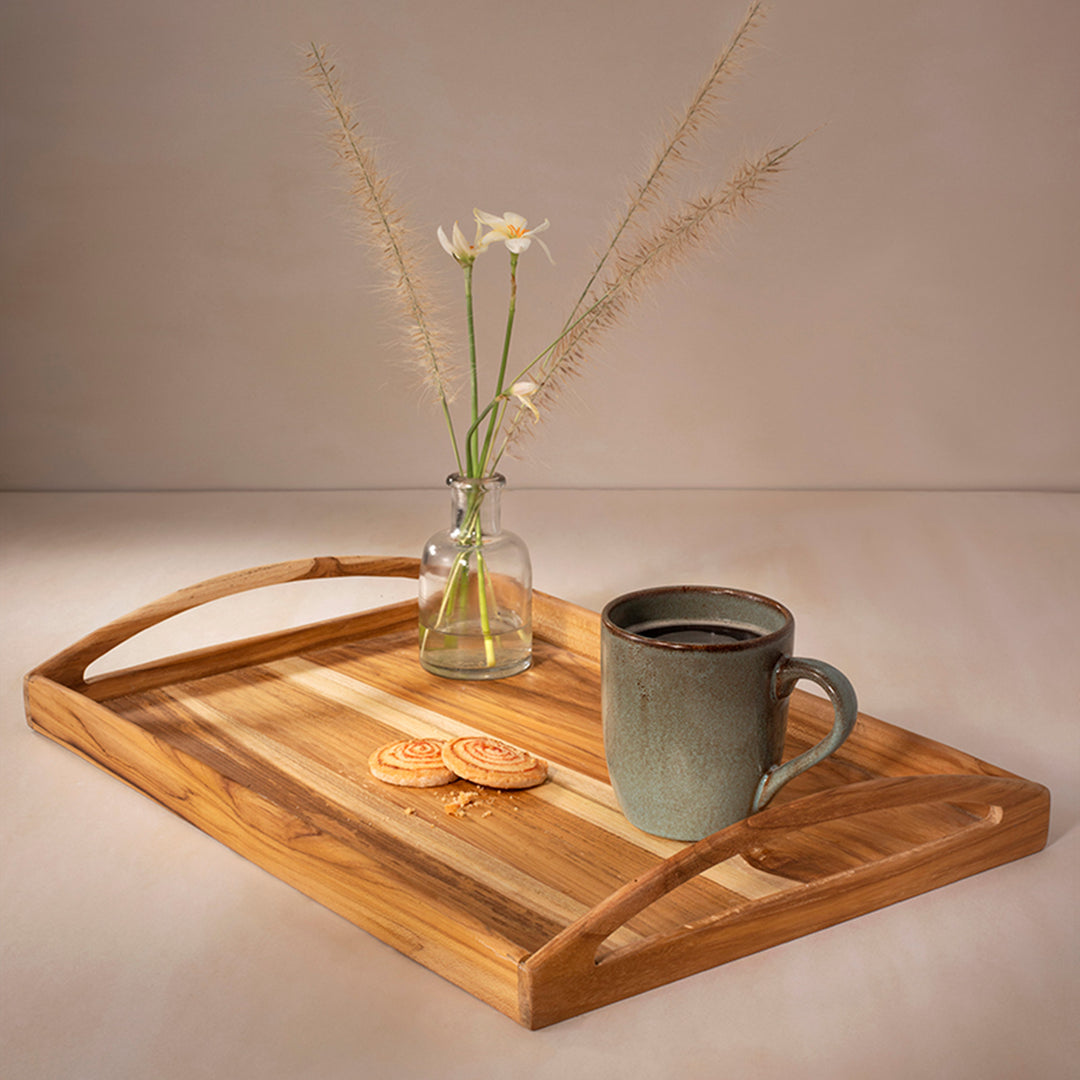 Teak Wood Tray / Natural Wood / 18 X 12.25 X 2.5 Inches (L X W X H) / Moq - 4 Pcs