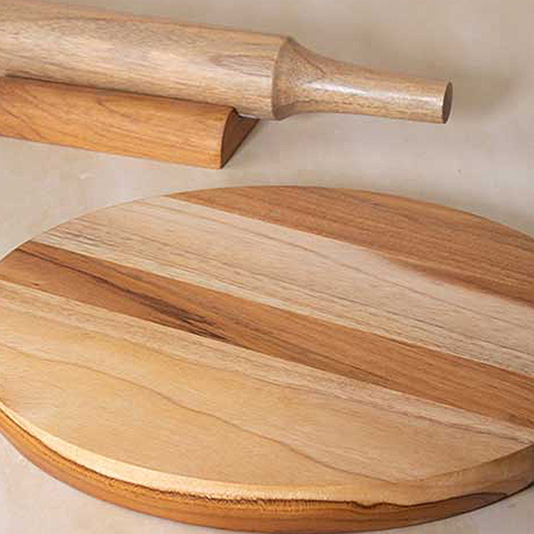 Teak Wood Chakla Belan With Stand / Natural Wood / 11 X 11 X 1 Inches (L X W X H) / Moq - 2 Sets