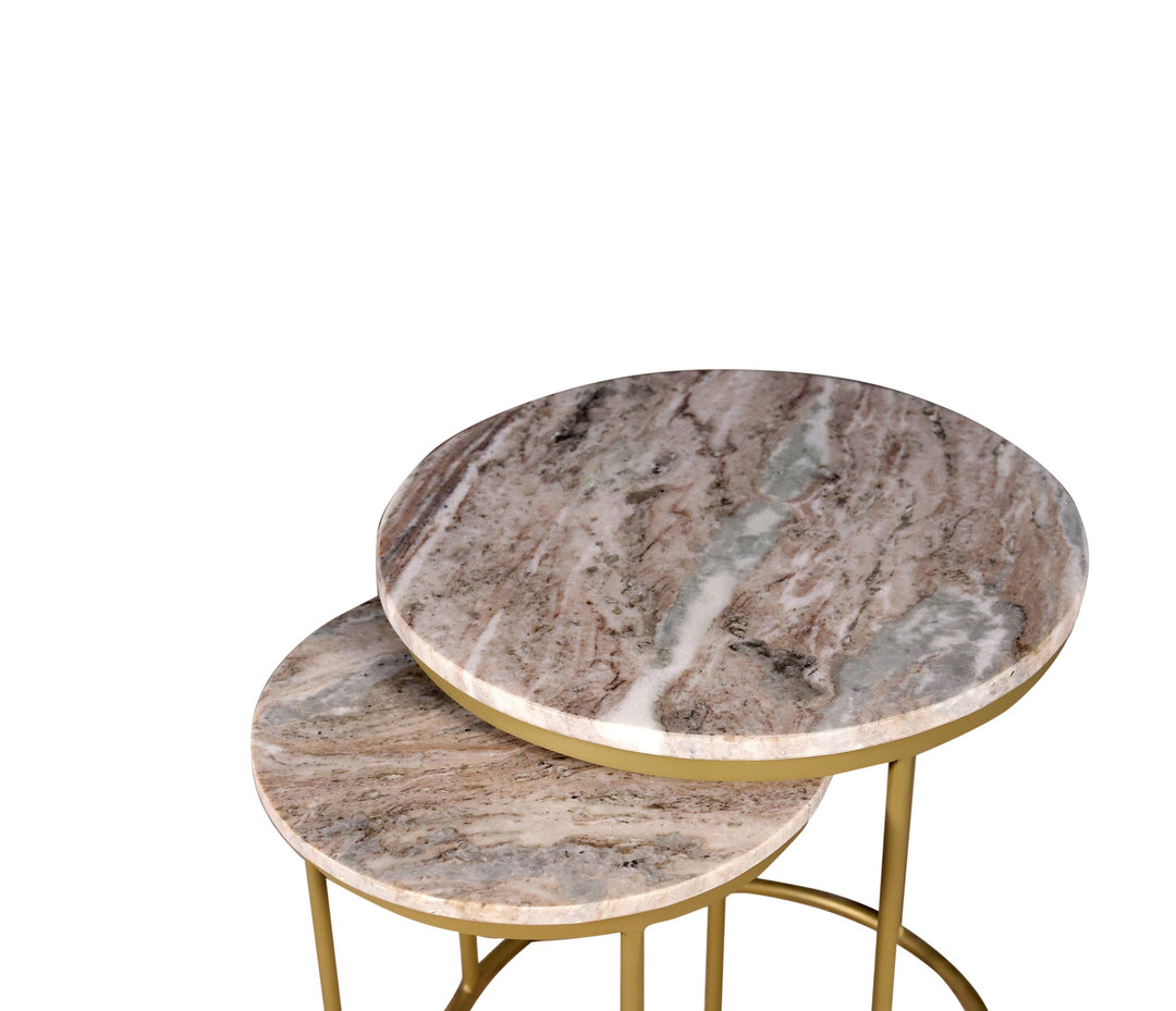 Brown Marble Nesting Tables Set of 2 with Gold Frame