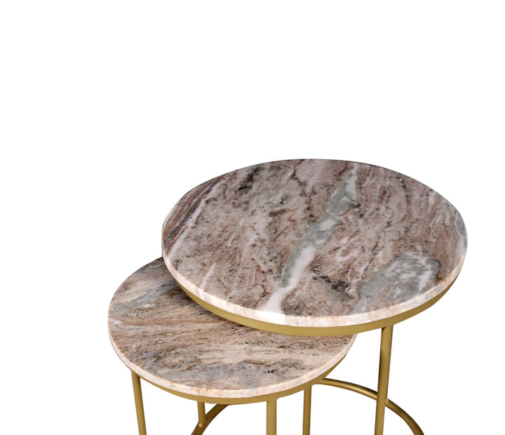 Brown Marble Nesting Tables Set of 2 with Gold Frame