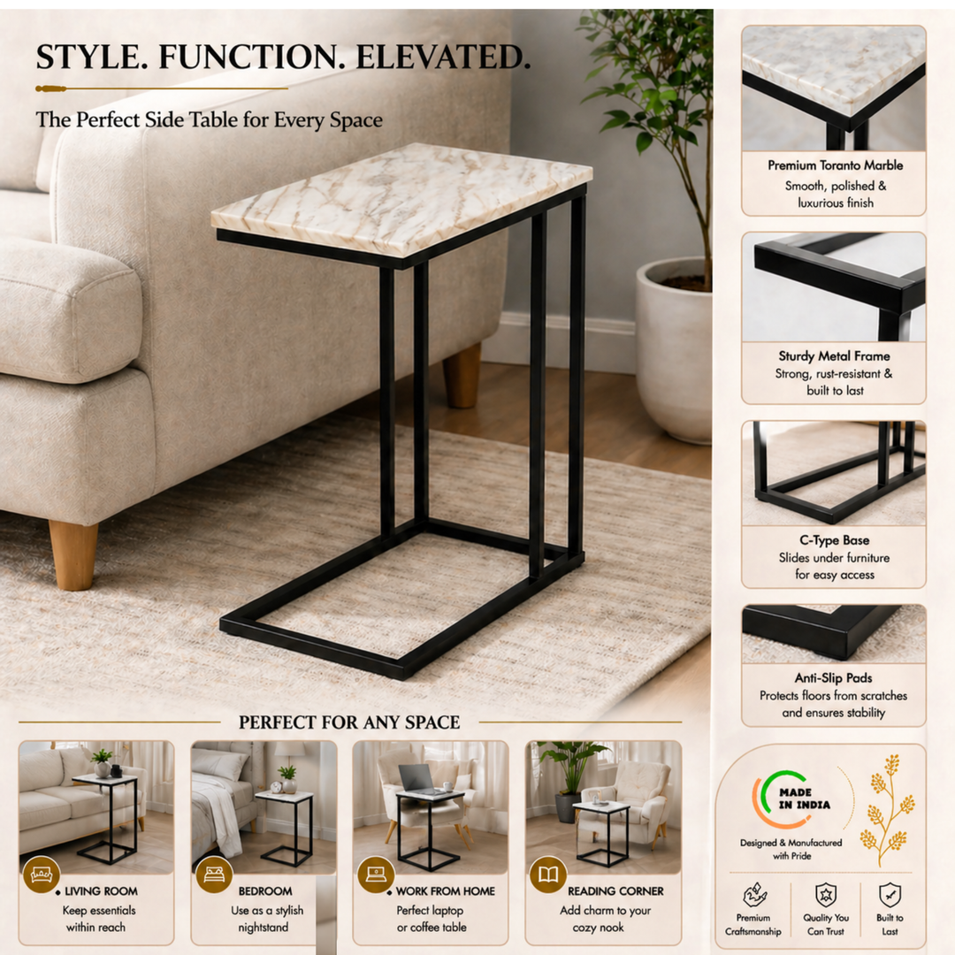Modern C-Shape Marble Top Side Table | Luxury End Table for Living Room & Bedroom Decor