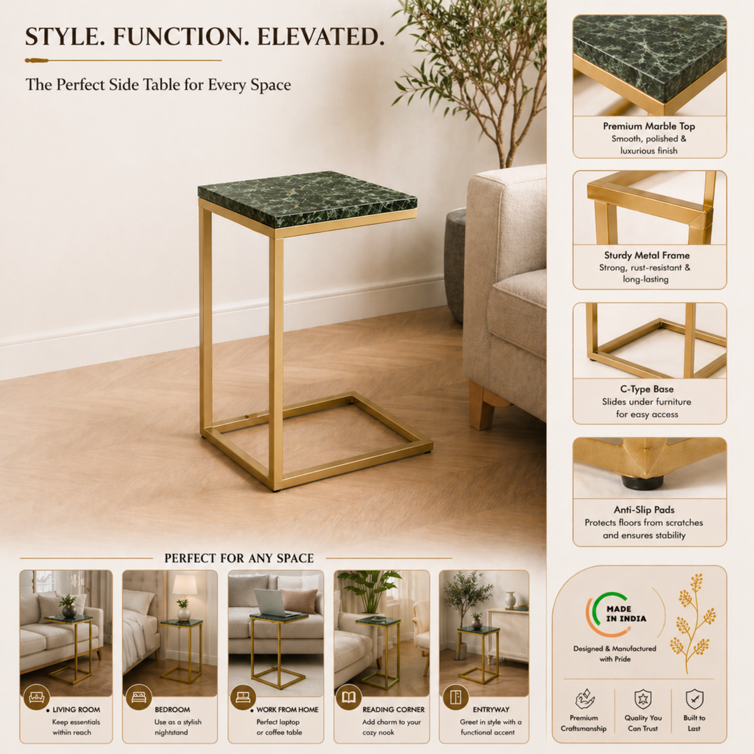 Modern C-Shape Marble Top Side Table | Luxury End Table for Living Room & Bedroom Decor