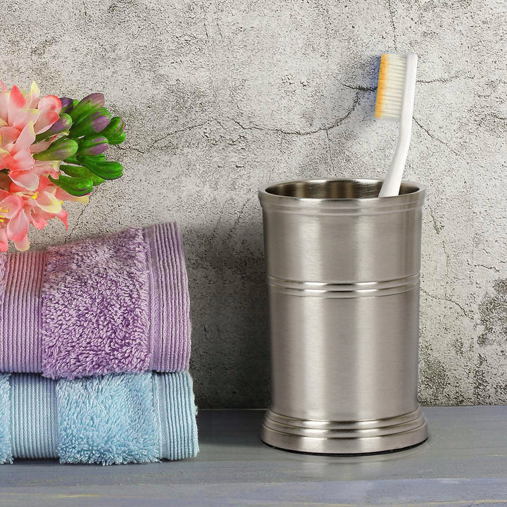 Stainless Steel Bathroom Tumbler Cup | Decorative Rinse Cup,Drinking Glass,Toothbrush & Makeup Brush Holder for Vanity Countertops,Sink & Desk | Brushed Pewter
