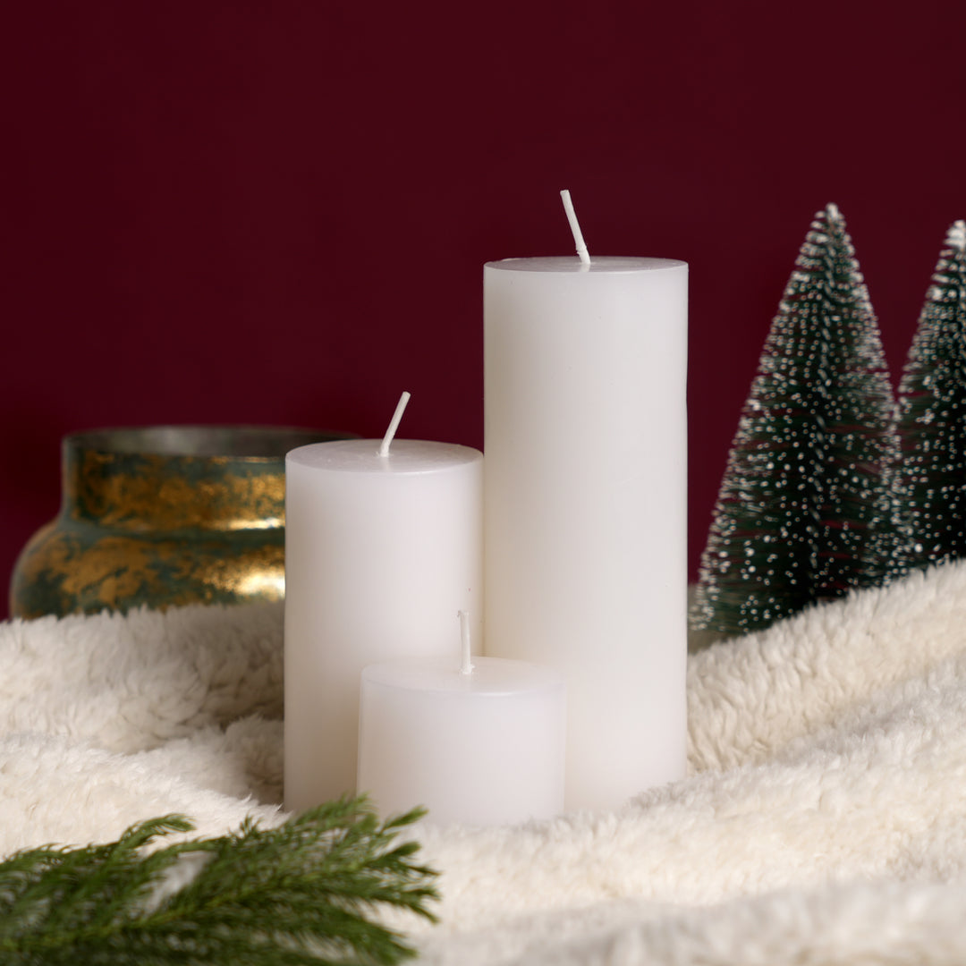 Christmas Pillar Candle (Non-Scented) | White Decorative Holiday Candles, 3.5 x 5 x 7.5 Inch