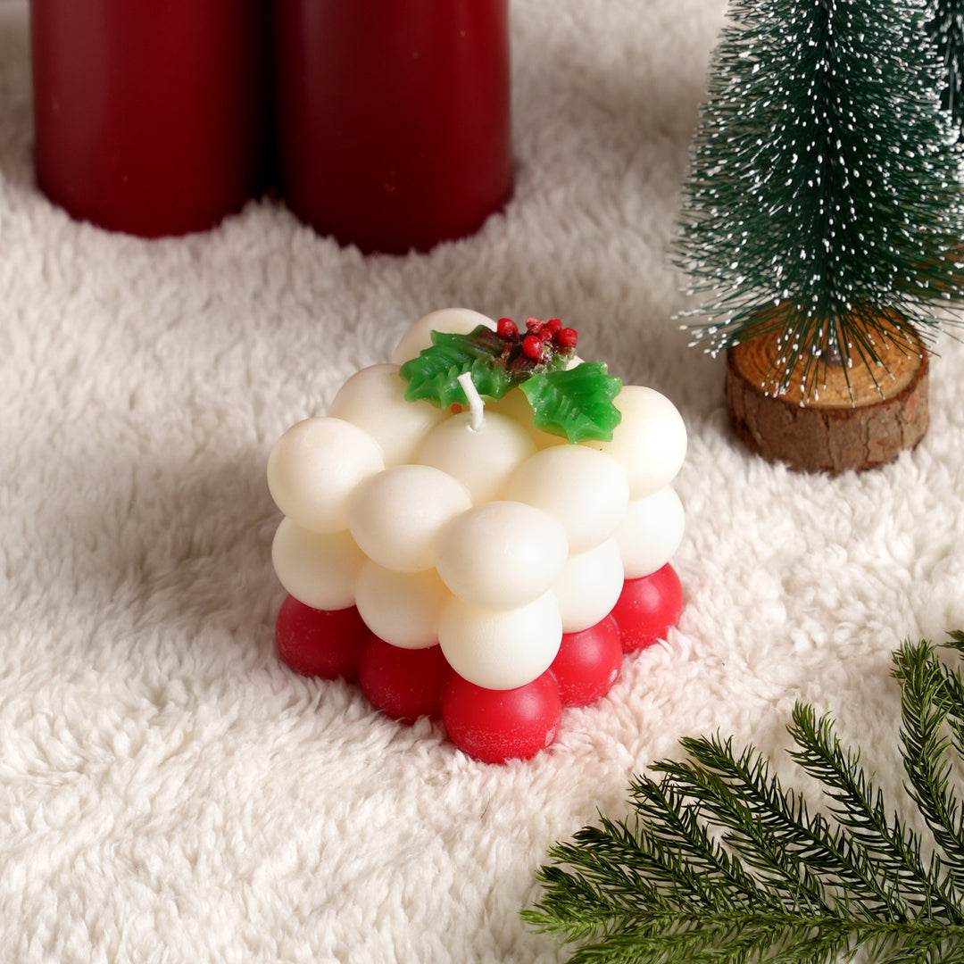 Christmas Bubble Candle | Red & White Decorative Cube Candle | 3.2x3.2x3.5 Inch